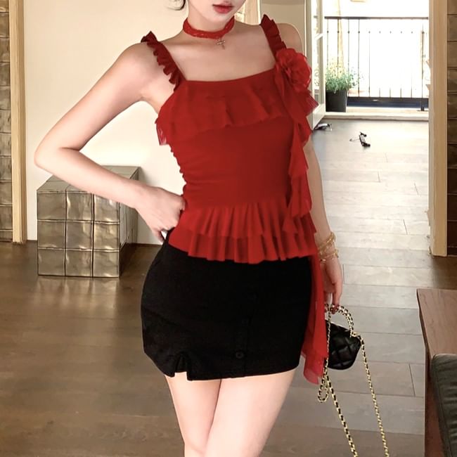 Asymmetrical Floral Ruffled Cami Top / High Waist Mini Pencil Skirt