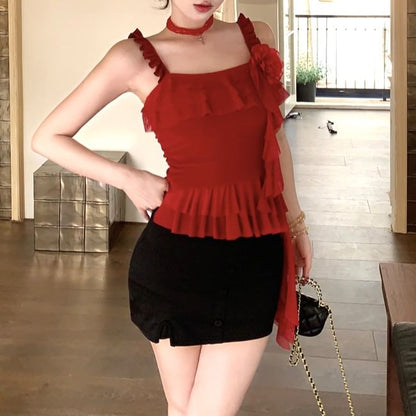 Asymmetrical Floral Ruffled Cami Top / High Waist Mini Pencil Skirt