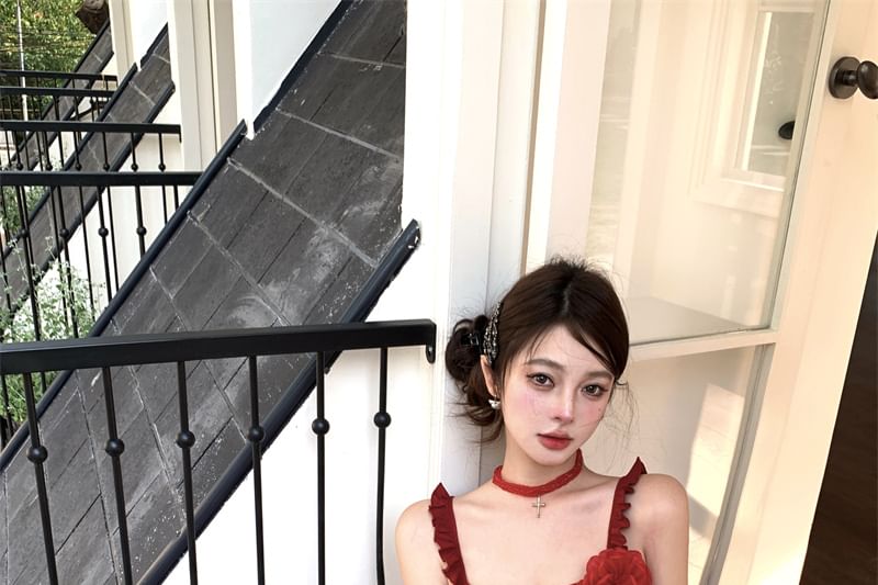 Asymmetrical Floral Ruffled Cami Top / High Waist Mini Pencil Skirt