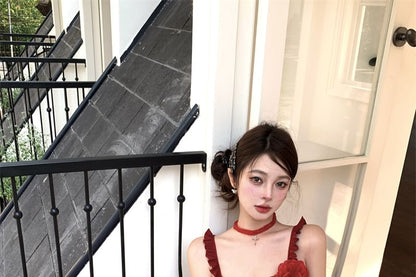 Asymmetrical Floral Ruffled Cami Top / High Waist Mini Pencil Skirt