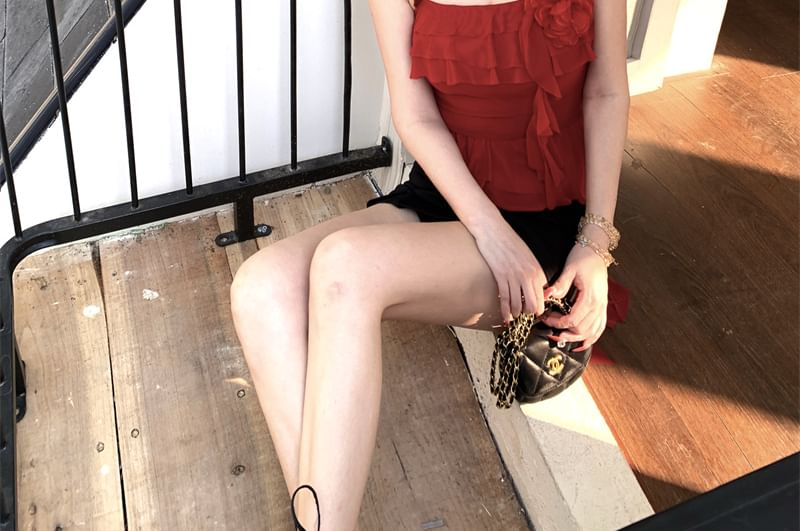 Asymmetrical Floral Ruffled Cami Top / High Waist Mini Pencil Skirt