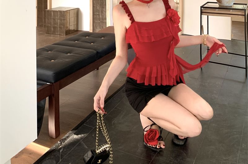 Asymmetrical Floral Ruffled Cami Top / High Waist Mini Pencil Skirt