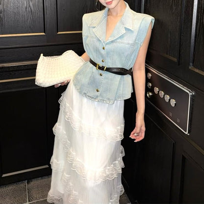 Washed Button-Up Denim Vest / High Rise Midi A-Line Layered Lace Skirt