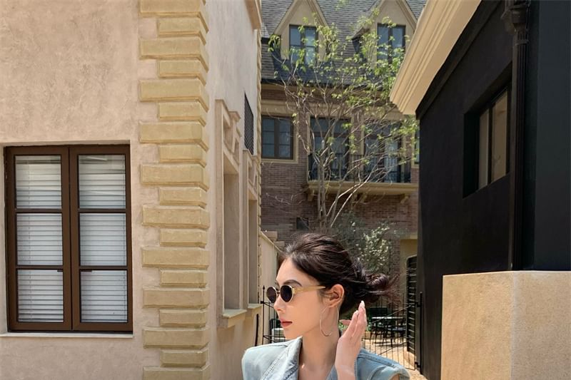 Washed Button-Up Denim Vest / High Rise Midi A-Line Layered Lace Skirt