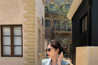 Washed Button-Up Denim Vest / High Rise Midi A-Line Layered Lace Skirt