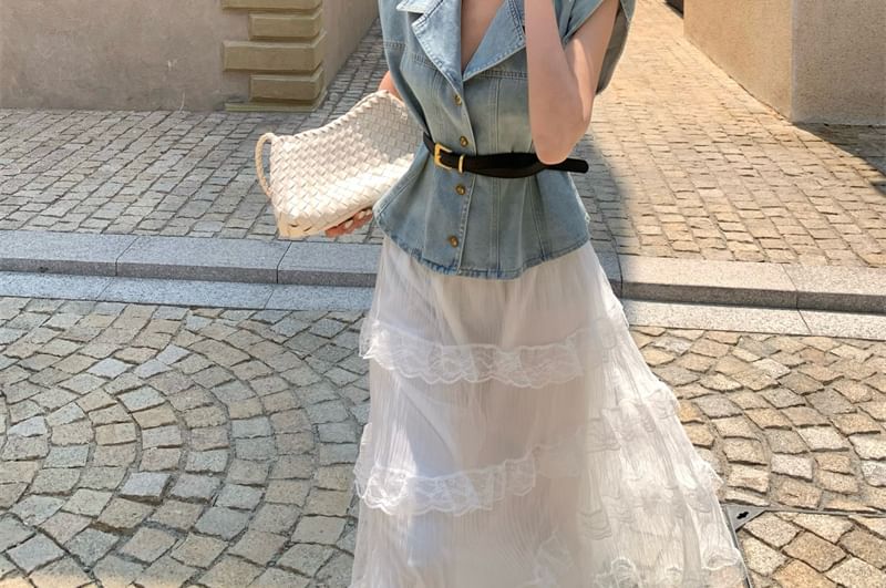 Washed Button-Up Denim Vest / High Rise Midi A-Line Layered Lace Skirt