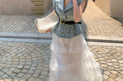 Washed Button-Up Denim Vest / High Rise Midi A-Line Layered Lace Skirt
