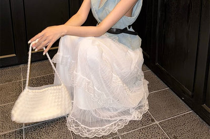 Washed Button-Up Denim Vest / High Rise Midi A-Line Layered Lace Skirt