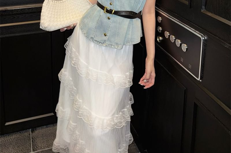 Washed Button-Up Denim Vest / High Rise Midi A-Line Layered Lace Skirt