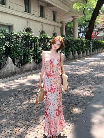 Spaghetti Strap Floral Print Midi Mermaid Dress