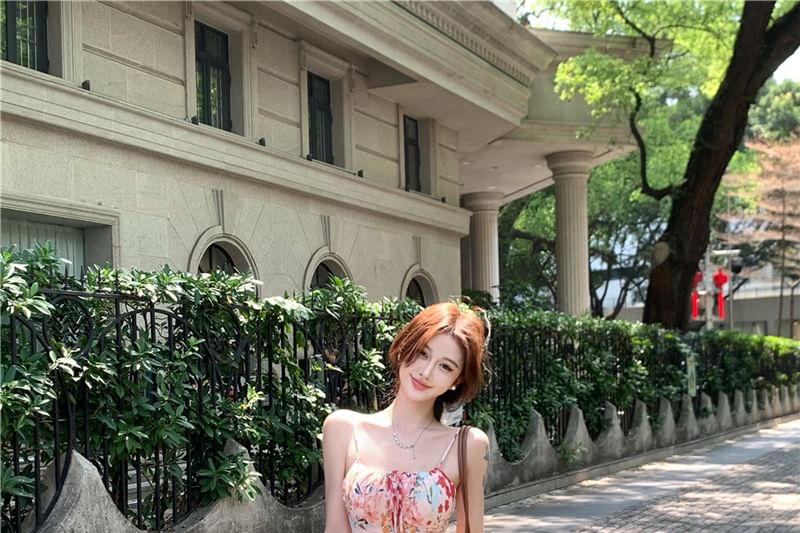 Spaghetti Strap Floral Print Midi Mermaid Dress