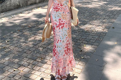 Spaghetti Strap Floral Print Midi Mermaid Dress