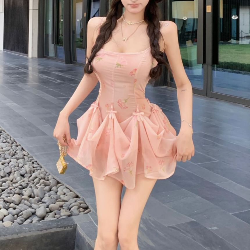 Spaghetti Strap Floral Print Shirred Mini A-Line Dress