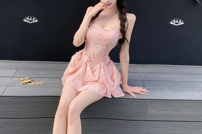 Spaghetti Strap Floral Print Shirred Mini A-Line Dress