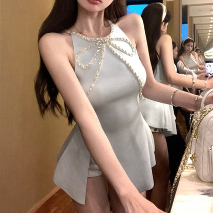 Slit Bow Mini A-Line Dress Rhinestone Halter-Neck