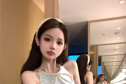 Slit Bow Mini A-Line Dress Rhinestone Halter-Neck