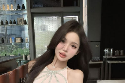 Slit Bow Mini A-Line Dress Rhinestone Halter-Neck