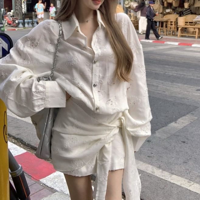 Puff-Sleeve Floral Embroidered Button-Up Tie-Side Mini A-Line Dress