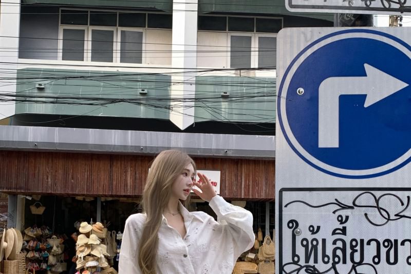 Puff-Sleeve Floral Embroidered Button-Up Tie-Side Mini A-Line Dress