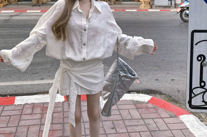 Puff-Sleeve Floral Embroidered Button-Up Tie-Side Mini A-Line Dress