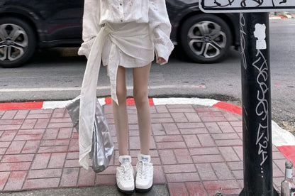 Puff-Sleeve Floral Embroidered Button-Up Tie-Side Mini A-Line Dress