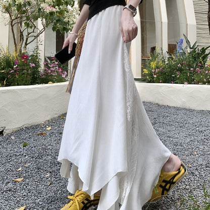 High Rise Asymmetrical Lace Panel Midi Mermaid Skirt