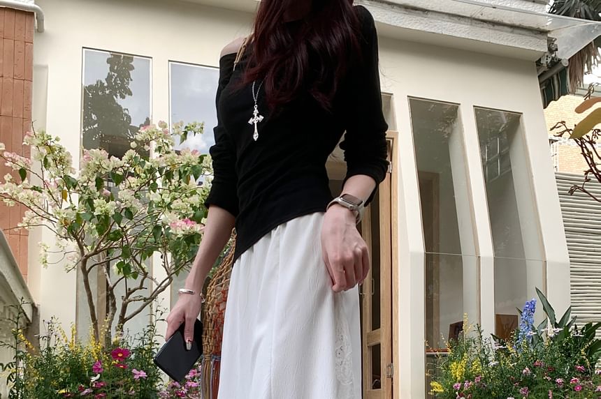 High Rise Asymmetrical Lace Panel Midi Mermaid Skirt