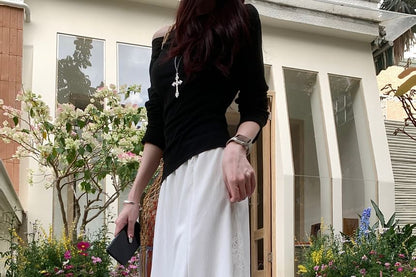 High Rise Asymmetrical Lace Panel Midi Mermaid Skirt