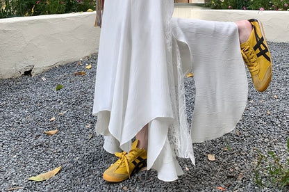 High Rise Asymmetrical Lace Panel Midi Mermaid Skirt