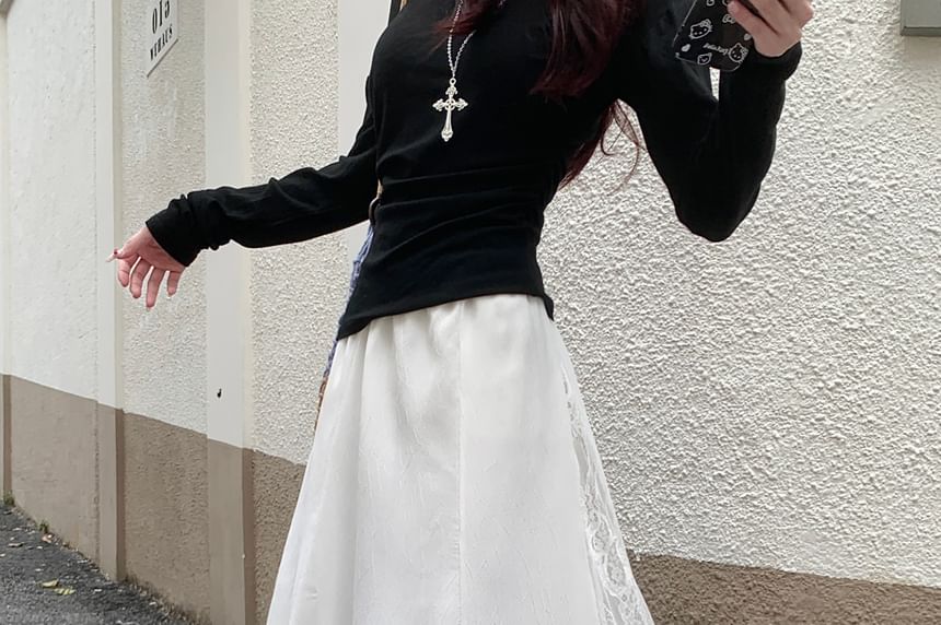 High Rise Asymmetrical Lace Panel Midi Mermaid Skirt