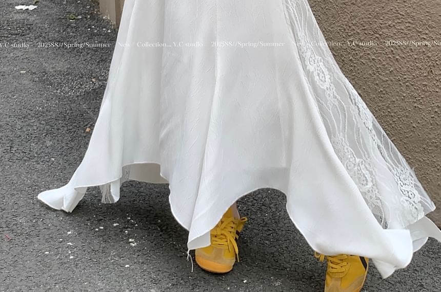 High Rise Asymmetrical Lace Panel Midi Mermaid Skirt