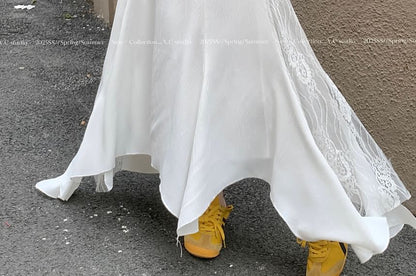 High Rise Asymmetrical Lace Panel Midi Mermaid Skirt