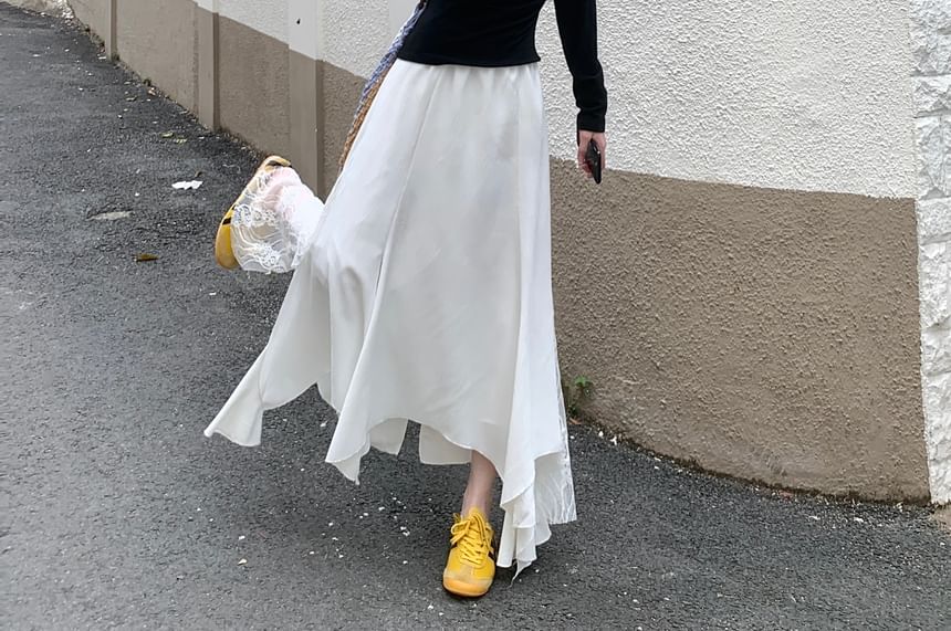 High Rise Asymmetrical Lace Panel Midi Mermaid Skirt