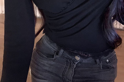 Set: Halter-Neck Crop Top + Long-Sleeve V-Neck Lace Trim Crop Tee