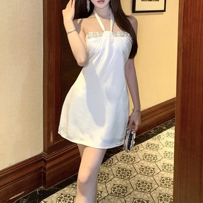 Satin Mini Dress Halter-Neck Rhinestone A-Line