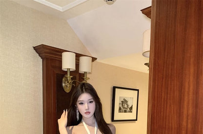 Satin Mini Dress Halter-Neck Rhinestone A-Line