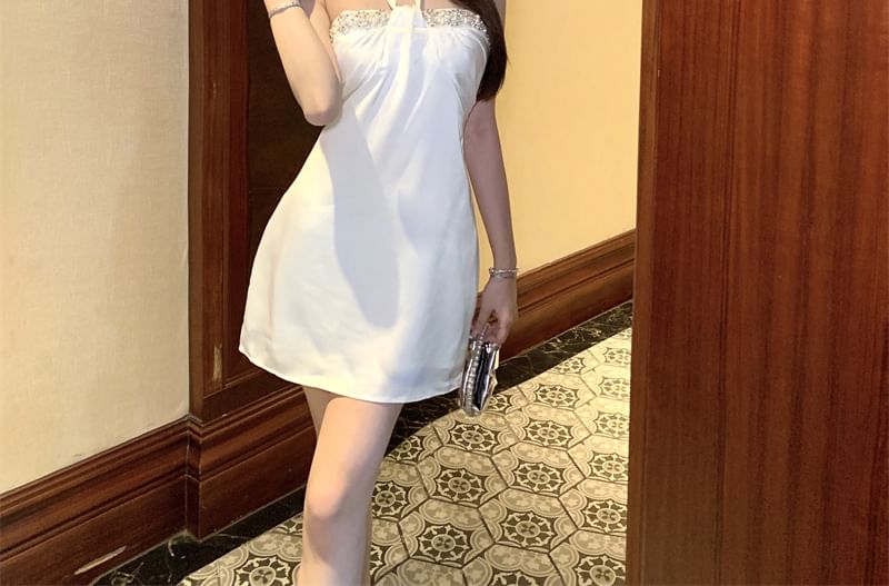 Satin Mini Dress Halter-Neck Rhinestone A-Line