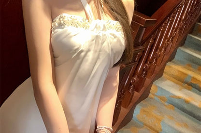 Satin Mini Dress Halter-Neck Rhinestone A-Line