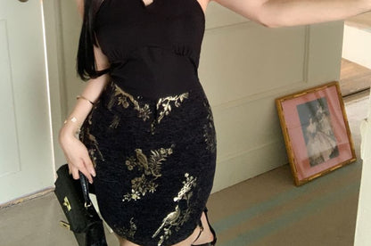 Floral Keyhole Jacquard Mini Halter-Neck Bodycon Dress