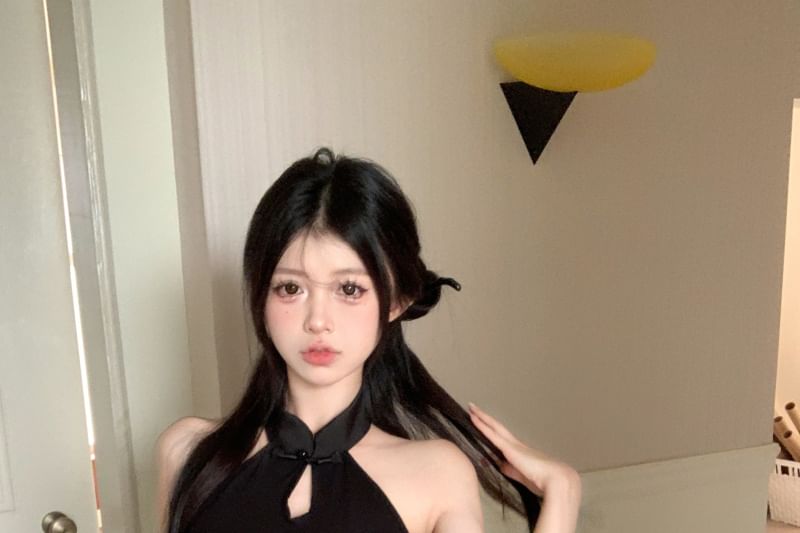 Floral Keyhole Jacquard Mini Halter-Neck Bodycon Dress