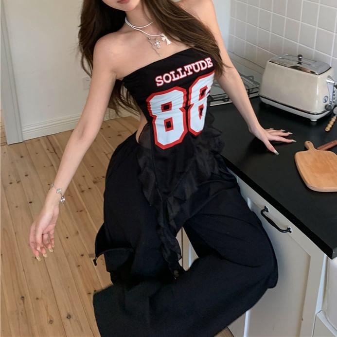 Leg / High Wide Waist Numbering Ruffled Pants Top Tube