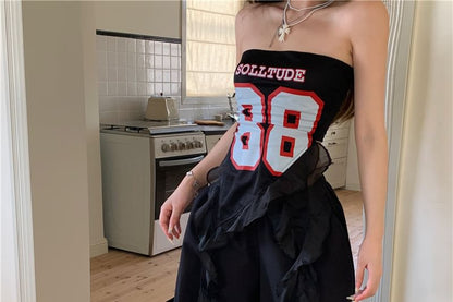 Leg / High Wide Waist Numbering Ruffled Pants Top Tube