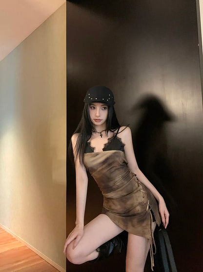 Spaghetti Lace Bodycon Dress Mini Tie-Dyed Strap Drawstring Trim