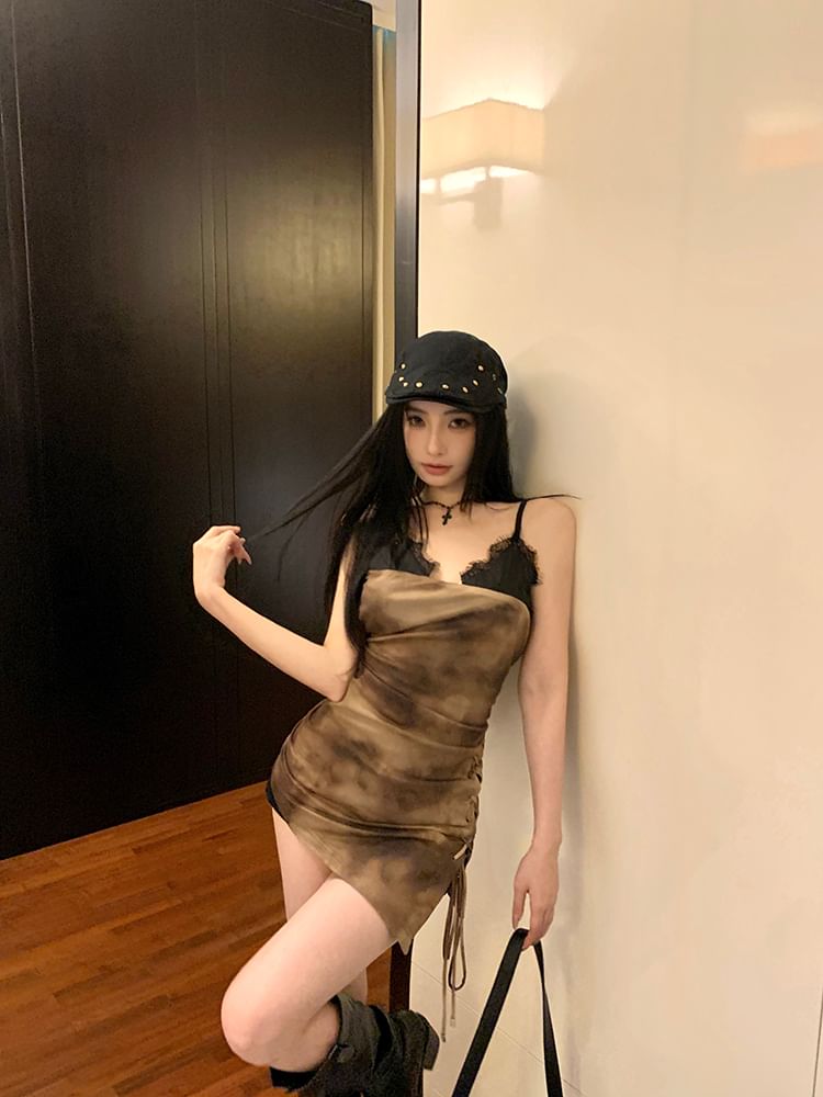Spaghetti Lace Bodycon Dress Mini Tie-Dyed Strap Drawstring Trim