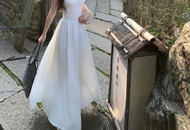 Strap Spaghetti Plain Dress Midi A-Line