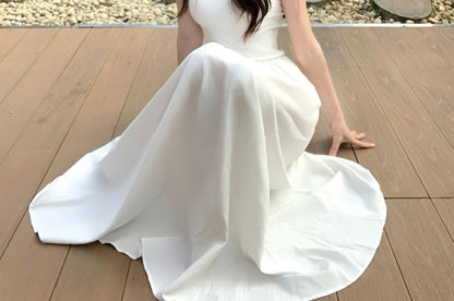 Strap Spaghetti Plain Dress Midi A-Line