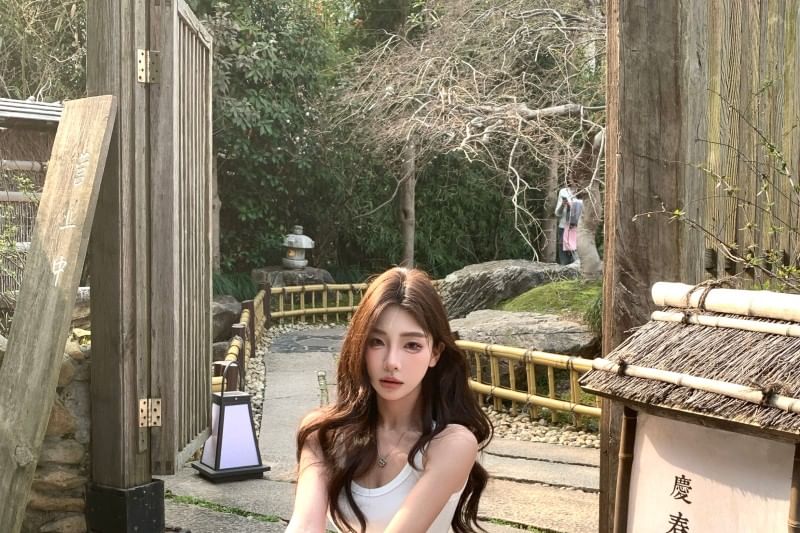 Strap Spaghetti Plain Dress Midi A-Line