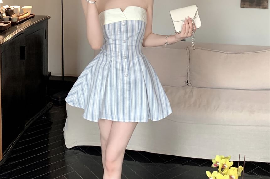 Mini A-Line Striped Strapless Dress