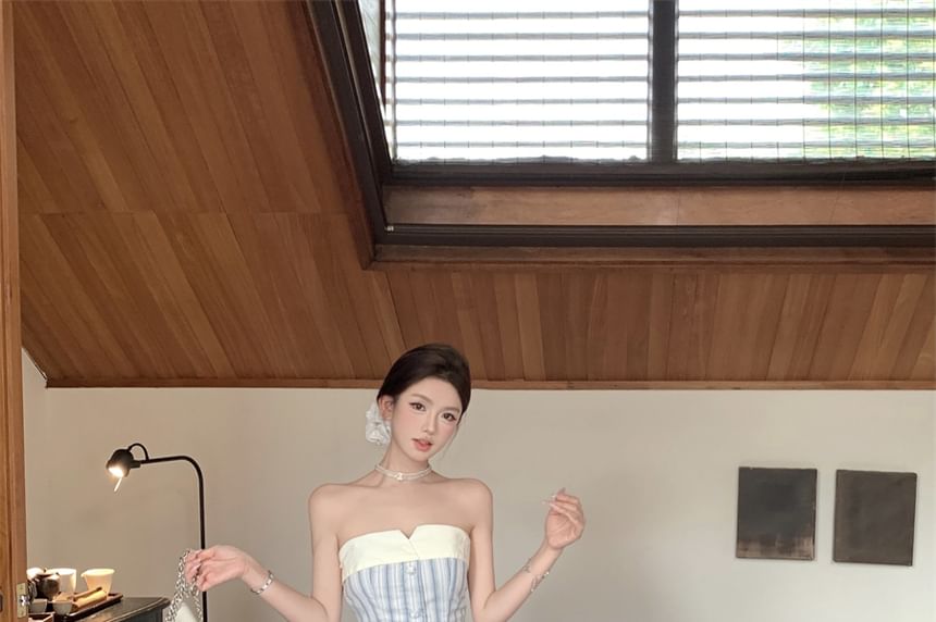 Mini A-Line Striped Strapless Dress