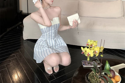 Mini A-Line Striped Strapless Dress